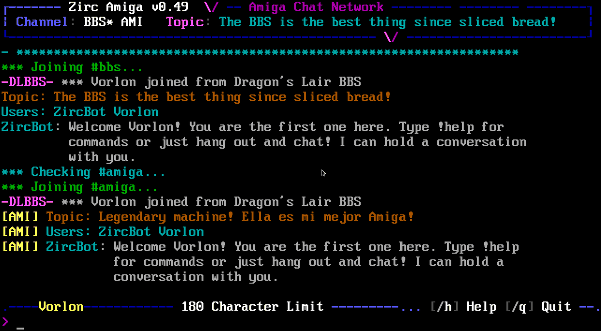 Chatting in two channels at once (#bbs + #amiga)